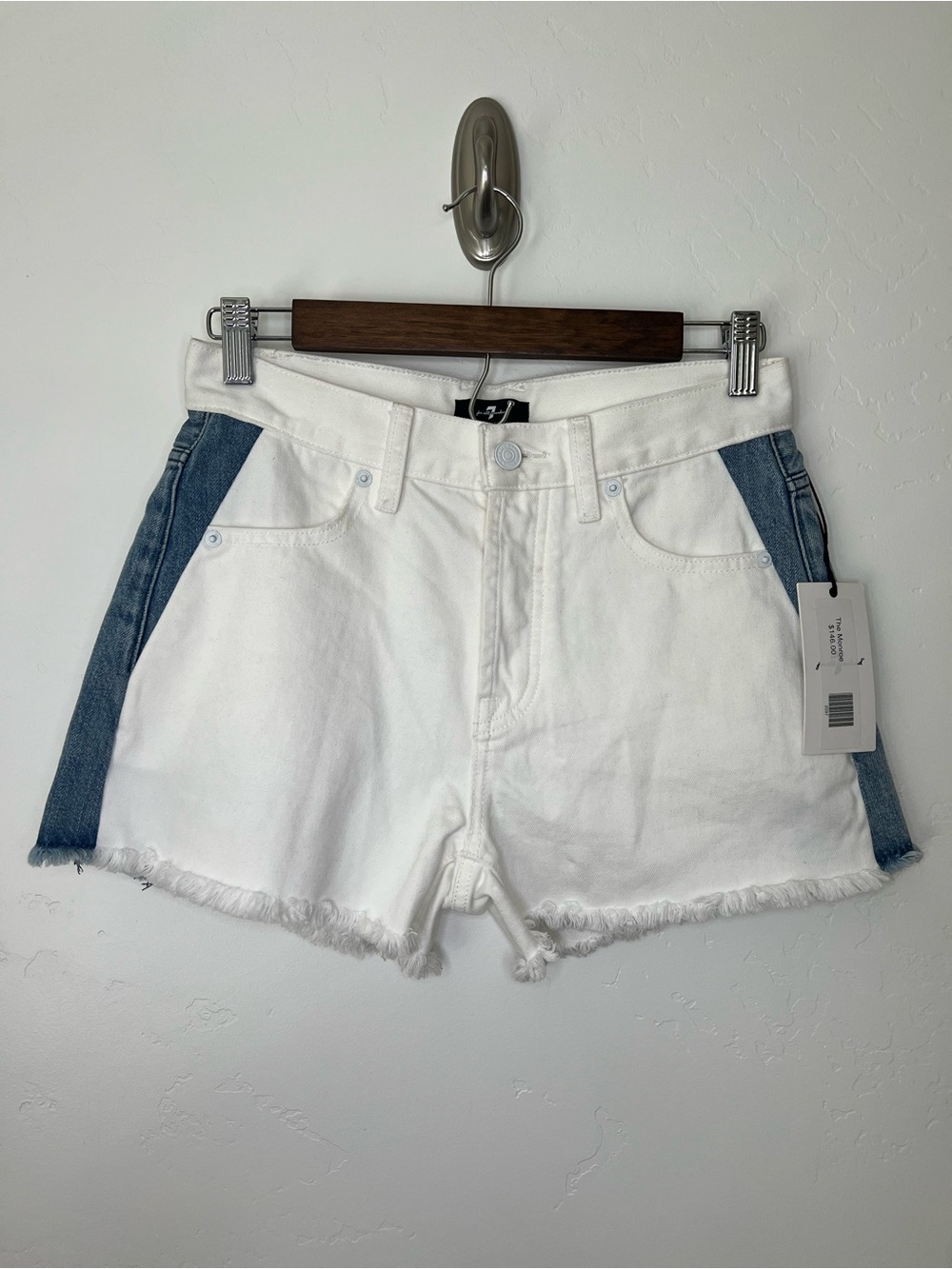 7 For All Mankind The Monroe White Denim Shorts with Blue Denim Side Panels